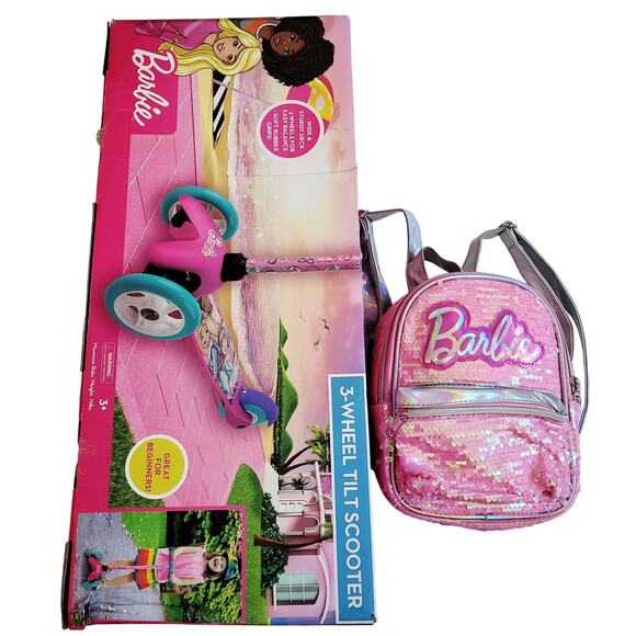 NIB Mattel Barbie 3-Wheel Tilt Scooter & Barbie Pink Sequin Back Pack Bundle LOT - Picture 3 of 10